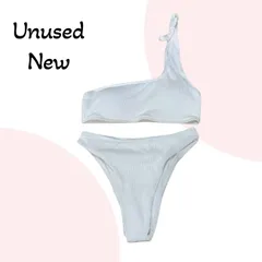 【未使用】韓国風 ワンショルダー ビキニ リブ素材 セクシー 上下セット Lサイズ 白 大人可愛い レディース 水着 セパレート