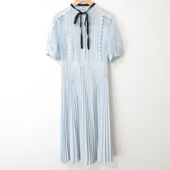 美品 23SS CELFORD セルフォード 袖チュール ボウタイリボン シフォン ハーフスリーブ プリーツワンピース 36 サックス レディース 古着 中古 USED