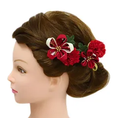 髪飾り 成人式 つまみ細工 赤 振袖 前撮り 袴 花 3点セット 白 ゴールド 銀 ちりめん 組紐 引箔 和柄 かんざし 日本製 レトロ No.9-5092