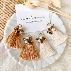 全2色 パール ゴールドビーズ ゴールドスター×タッセル ピアス/イヤリング