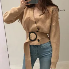 リブニット カーディガン レディース ショート丈 ウエストマーク ニットトップス 着やせ ニットセーター カシュクール Vネック ant4y774023