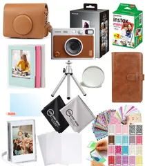 【新品・未開封】［12点セット］ FUJIFILM チェキ Evo ハイブリッドインスタントカメラ (チェキフィルム カメラケース 液晶保護フィルム レンズキャップ 他 まとめて12点セット) ブラウン