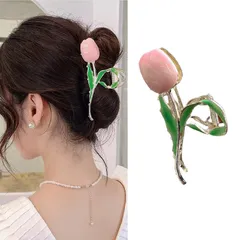 【特価セール】髪留め ヘアアクセサリー 人気 髪飾り シンプル クリップ オフィス 大きめ 韓国風 ヘアクリップ オフィス おしゃれ バンスクリップ 贈り物 レディース用 HAPVITAL (ピンクのチューリップ)