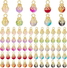 PH PandaHall 約100個 ビーズチャーム ガラスビーズ クラックビーズ 10色 イアリング パーツ 手作り素材 ビーズキャップ ペンダントトップ DIY アクセサリーパーツ ブレスレットネックレスジュエリー用 金色( ミックスカラー)