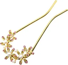 Miaomyao ミャオミャオ 簪 かんざし U字型 髪飾り 和装 留袖 着物 浴衣 金属 アンティーク ジャスミン フラワー花 パール キュービックジルコニア ヘアアクセサリー(ゴールド,  小さめ)