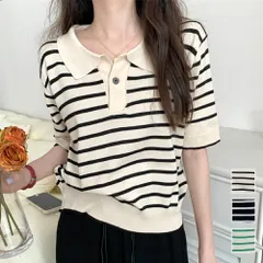 半袖ボーダーポロシャツ 韓国ファッション 10代 20代 30代 レトロ 可愛い カジュアル スタイルUP 小顔効果 おしゃれ シンプル