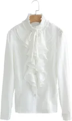 アキラトレーディング レディース ブラウス フリルブラウス リボン付き 詰襟 ホワイト シャツ トップス 長袖 シフォン ハイネック 無地 カジュアル フォーマル(白,  S)