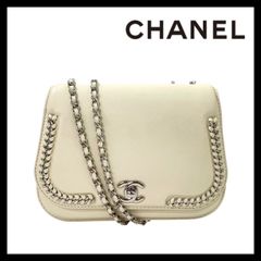 M【CHANEL】チェーン ショルダーバッグ ココマーク シルバー金具 レザー アイボリー シャネル (57273NM4)