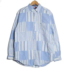 90's トミーヒルフィガー ストライプ コットン オックスフォード シャツ (M) 白×水色 ボタンダウン パッチワーク 90年代 オールド 旧タグ　アメリカ古着 USED  ビンテージ ヴィンテージ