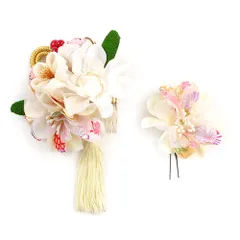 髪飾り 成人式 つまみ細工 振袖 前撮り 袴 花 ちりめん 2点セット 白 生成り ゴールド 組紐 房 ビーズ レース 和柄 大きい 小 No.12-0393