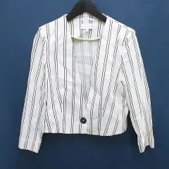 パトリツィアペペ PATRIZIA PEPE セットアップ ストライプ柄 ノーカラージャケット ショート丈 テーパードパンツ ジップフライ 薄手 麻 リネン 40 42 白系 ホワイト イタリア製 肩パット 綿 コットンのサムネイル