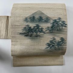 名古屋帯 美品 秀品 落款 夏帯 山 松 ベージュ 麻 【中古】