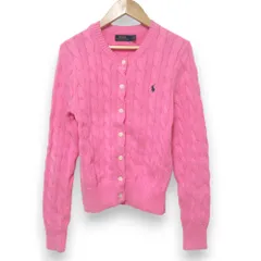 良品 21SS POLO RALPH LAUREN ポロラルフローレン ロゴ刺繍 Vネック 長袖 ケーブルニット カーディガン SPサイズ ピンク レディース 古着 中古 USED
