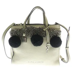 MARC JACOBS (マークジェイコブス) ビーズ装飾 パドロック ロゴプレート レザー 2WAY ハンド ショルダーバッグ シルバー金具 アイボリー/ブラック レディース