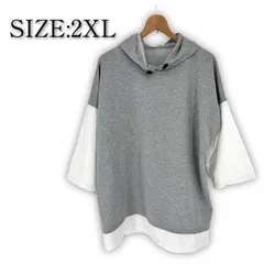 オーバーサイズ フーディー 半袖 パーカー 無地 グレー 2XL フード付き プルオーバー 大きいサイズ 大きめ ドロップショルダー シンプル
