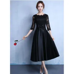 ☆ ブラック ☆ Sサイズ ☆ レディース ドレス ワンピース pmydress01 ドレス ワンピース パーティードレス フォーマルドレス 袖あり 七分袖 膝下丈 ミモレ丈 ウエストリボン レース フレア ロングドレス フォーマル 結婚式 発表会 演奏会