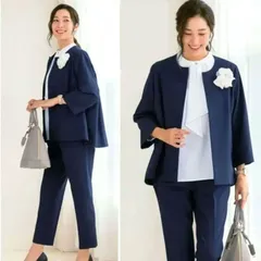 人気　ネイビー　紺　パンツセットアップ　フォーマル　スーツ　大人可愛　体型カバー