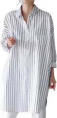 Banane D'or レディース ロング丈 長袖 襟付き シャツ ワンピース ブラウス チュニック(ストライプ,  XL)