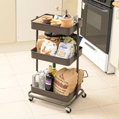 【人気商品】LBTL-3(DBR) ダークブラウン 組立品 収納 キッチン 収納ワゴン キャスター付き ワゴン 幅45.5×奥行36×高さ81cm 全体耐荷重30kg 高さ調節可能 メッシュタイプ バスケットトローリー 3段 キャスター付きワゴン キッチンワゴ