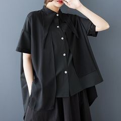 モード系  ブラック  ロングポインテッドカラー   プリーツバック   ハーフスリーブシャツ