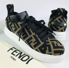 良品★FENDI・フェンディ レディース ファブリック レザー メッシュ加工 ズッカ総柄 スニーカー (23㎝相当) ブランド イタリア製 レディース 靴 ブラック