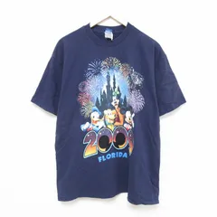 XL/古着 半袖 ビンテージ Tシャツ メンズ 00s ディズニー ミッキー コットン クルーネック 紺 ネイビー 25jul08 中古