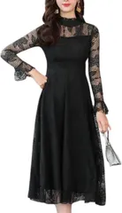 グリーンパキラ きれいめ レースワンピース 花柄 パーティードレス Aライン 可愛い 膝下 長袖 レディース フレア ロング(ブラック,  L)