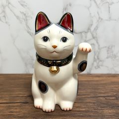 薬師窯 菊花 招き猫 左手上げ・緑 ・大 置物 縁起物 千客万来 開運招福 Yakushigama Maneki Neko Lucky Cat