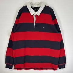 古着 トミーヒルフィガー TOMMY HILFIGER 長袖 ラガーシャツ ロゴ 刺繍 大きいサイズ バック刺繍 XL  レッド系 ボーダー メンズ
