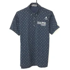 【超美品】ルコックゴルフ 半袖ポロシャツ ネイビー×白 総柄 ロゴ刺しゅう ボタンダウン メンズ M ゴルフウェア le coq sportif