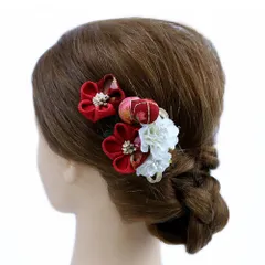 髪飾り 成人式 つまみ細工 赤 振袖 前撮り 袴 浴衣 夏祭り 花火大会 豪華2点セット 白 ちりめん 玉飾り 和柄 ヘアアクセ 新作 No.9-3649