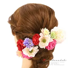 髪飾り 成人式 赤 振袖 袴 花 浴衣 夏祭り 花火大会 3点セット 白 ピンク 黄緑 紫 薄紫 おしゃれ かわいい かんざし 卒業式 結 No.9-4398