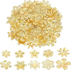 PH PandaHall 200個 ビーズ花座 フラワービーズ 10種 座金 花型 透かしキャップ 透かしパーツ スペーサービーズ アクセサリーパーツ チャーム取付カバー イヤリング ブレスレット ネックレス 手作り素材 ゴールド( ゴールド)