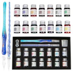 【特価セール】ギフト おしゃれ ハンドクラフト サインペン 万年筆 グラデーション プレゼント18点セット インク14色・ペン2本 セット ガラスディップペン ガラスペン SERAKUKA