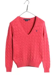 【お得なクーポン配布中!】 ラルフローレン Vネック コットン ケーブル ニット セーター レディース М / ポロ スポーツ 長袖ニット ワンポイント ポニー刺繍 ピンク