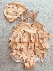 子供用水着　女の子水着　サーモンピンク色　お花柄　帽子付き　サイズ110　0718-06