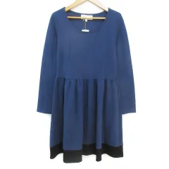 ロペピクニック ROPE Picnic フレアワンピース ひざ丈 長袖 ラウンドネック 切替 無地 38 バイカラー 紺 黒 ネイビー ブラック /FF42