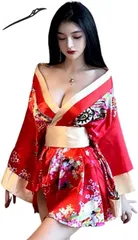 レッド [happykoko] 着物 ミニドレス 花魁 コスプレ セクシー 花柄 桜 和装 和服 浴衣 ショート ミニ 大人用 簪付き 4点セット (赤)