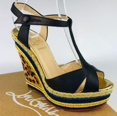 良品Christian Louboutin・クリスチャン レディース レザーストラップ ハラコ レオパード柄 ウェッジソール エスパドリーユサンダル 厚底 (35) ブランド レディース 靴 ブラック ヒョウ柄