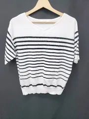 ◇ ⊂ GLOBAL WORK ボーダー Vネック 半袖 プルオーバー サマーニット サイズM ホワイト ブラック レディース E  【1506110016683】