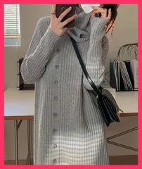 【スタッフおすすめ！】 タートルネック ワンピース体型カバー韓国 Iラインワンピ長袖/オフタートルニット/大人可愛い 着回し スヌード付き リブニットワンピ レディ おすすめ おしゃれ　かわいい　人気 3BIJIN-002