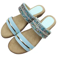 サンダル ブルー ミュール ラインストーン ウェッジソール クッションインソール 屈曲 防滑