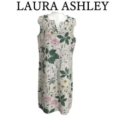 ローラアシュレイ レディース ワンピース  夏 リネンワンピース 膝下  キーネック 綿麻 ノースリーブ ベージュ グリーン ボタニカルプリント 13号 LL