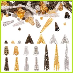 透かし彫り 円錐形 アンティーク調 チベット風 約450個入り 花座 5種類 アイアン製 座金 水晶用 留め金具 かんざしパーツ アクセサリー材料 タッセル用 ジュエリー用 手芸クラフト用 DIY ビーズキャップ ハンドメイド イヤリング ネックレス Bea