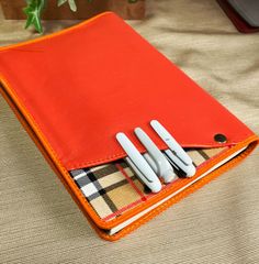 B5大学ノートサイズ【Cover pocke付きカバー】２冊用■合皮/チェック■オレンジ