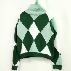 バーニーズニューヨーク BARNEYS NEW YORK AVANTLOOK ハイネック タートルネック セーター ニット アーガイル シャギー  M 緑のサムネイル