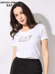 EMPORIO ARMANI EA7 (エンポリオ アルマーニ) ラインストーンロゴ クルーネック 半袖 Tシャツ (ホワイト)