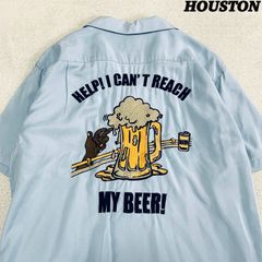 HOUSTON BOWLING SHIRT "BEER" ボーリングシャツ ボウリングシャツ ワークシャツ クリーニング済 オープンカラー 開襟 刺繍 酒 ビール ショートスリーブ 半袖 XLサイズ サックスブルー 水色 青系 ヒューストン