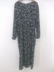 ◇ LOWRYS FARM 花柄 Vネック 長袖 膝下丈 ワンピース サイズF ダークネイビー ベージュ系 レディース P  【中古】 【1211140010043】