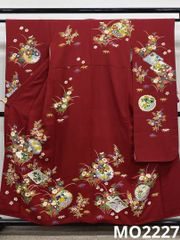 603z36〇千總 中振袖 ちりめん 花丸文 金彩 緑色〇美品 成人式 十三 